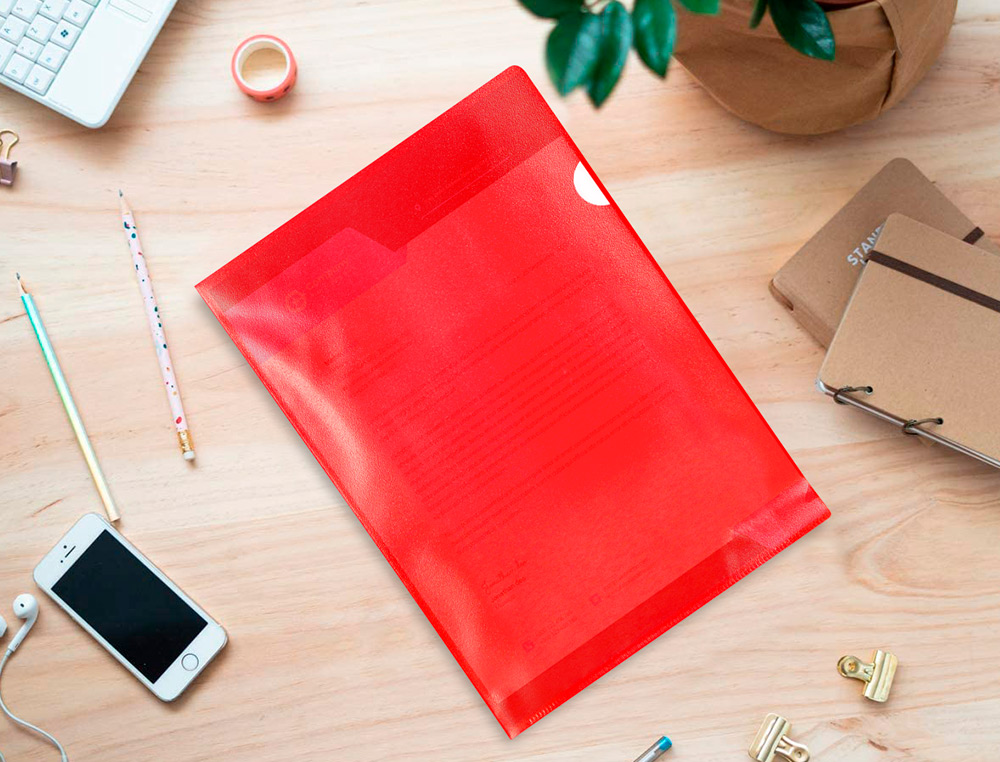 POCHETTE COIN Q-CONNECT POLYPROPYLÈNE GRAINÉ ÉCONOMIQUE 12/100E COLORIS ROUGE TRANSPARENT BOÎTE 100 UNITÉS