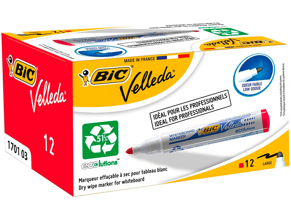 MARQUEUR BIC VELLEDA 1701 EFFAABLE POINTE OGIVE TRAC 1.5MM ENCRE BASE ALCOOL INODORE CORPS PLASTIQUE ROUGE