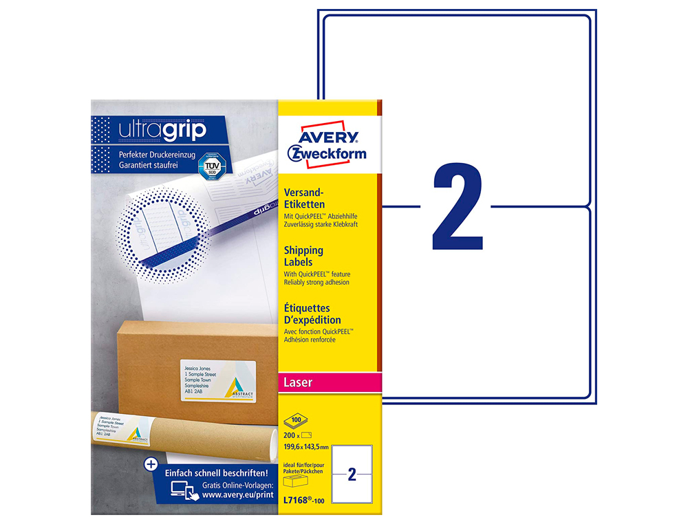 ÉTIQUETTE ADHÉSIVE AVERY LASER OPAQUE TRÈS BLANCHE 199.6X143.5MM BOÎTE 200 UNITÉS