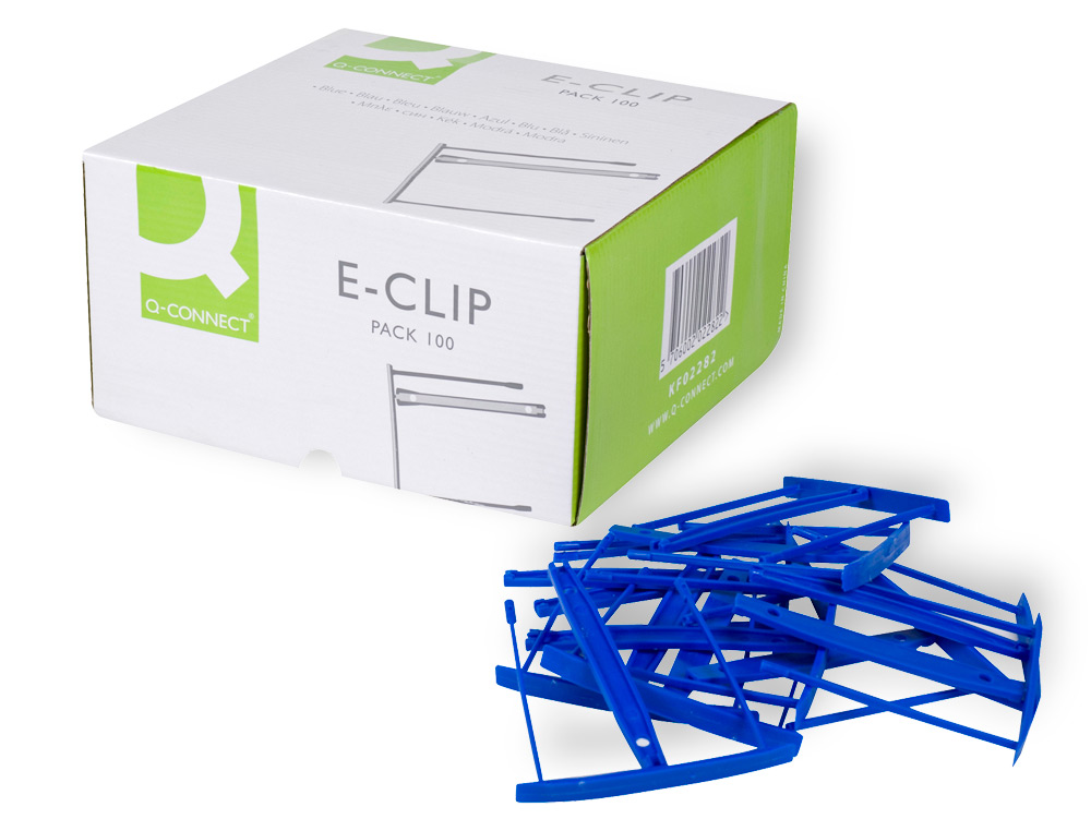 RELIEUR FASTENEUR Q-CONNECT PLASTIQUE E-CLIPS COULEUR BLEUE BOTE 100 UNITS