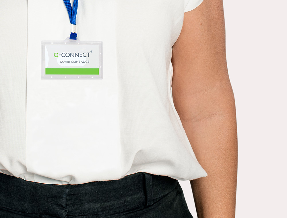 BADGE Q-CONNECT LACET PLASTIQUE RIGIDE CONGRÈS FOIRES ENTREPRISES INTÉRIEUR CARTE BLANCHE CORDON 94X60 MM