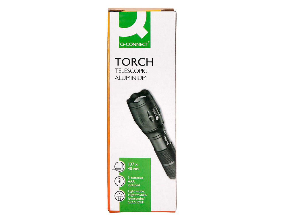 LAMPE TORCHE Q-CONNECT TÉLESCOPIQUE ALUMINIUM ÉCLAIRAGE 5 NIVEAUX BOUTON ARRET 3 PILES AAA FOURNIES COLORIS NOIR