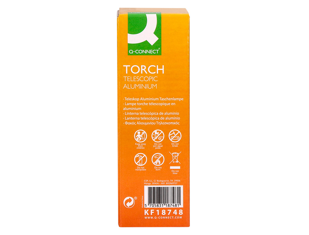 LAMPE TORCHE Q-CONNECT TÉLESCOPIQUE ALUMINIUM ÉCLAIRAGE 5 NIVEAUX BOUTON ARRET 3 PILES AAA FOURNIES COLORIS NOIR