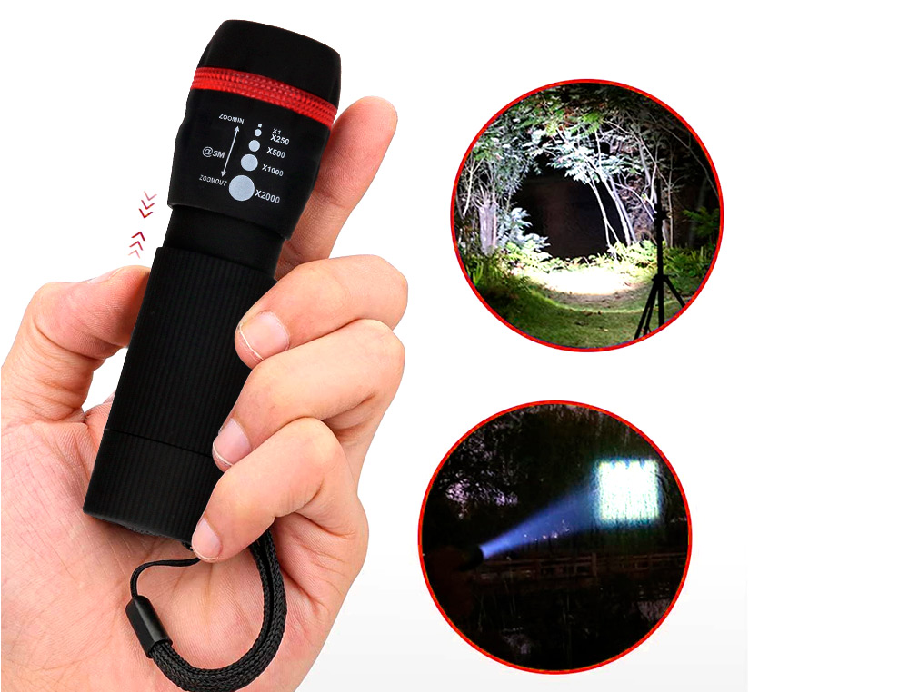 LAMPE TORCHE Q-CONNECT PLASTIQUE AVEC ZOOM 1 WATT MODE CLAIRAGE ON/OFF 3 PILES AAA FOURNIES COLORIS NOIR/ROUGE