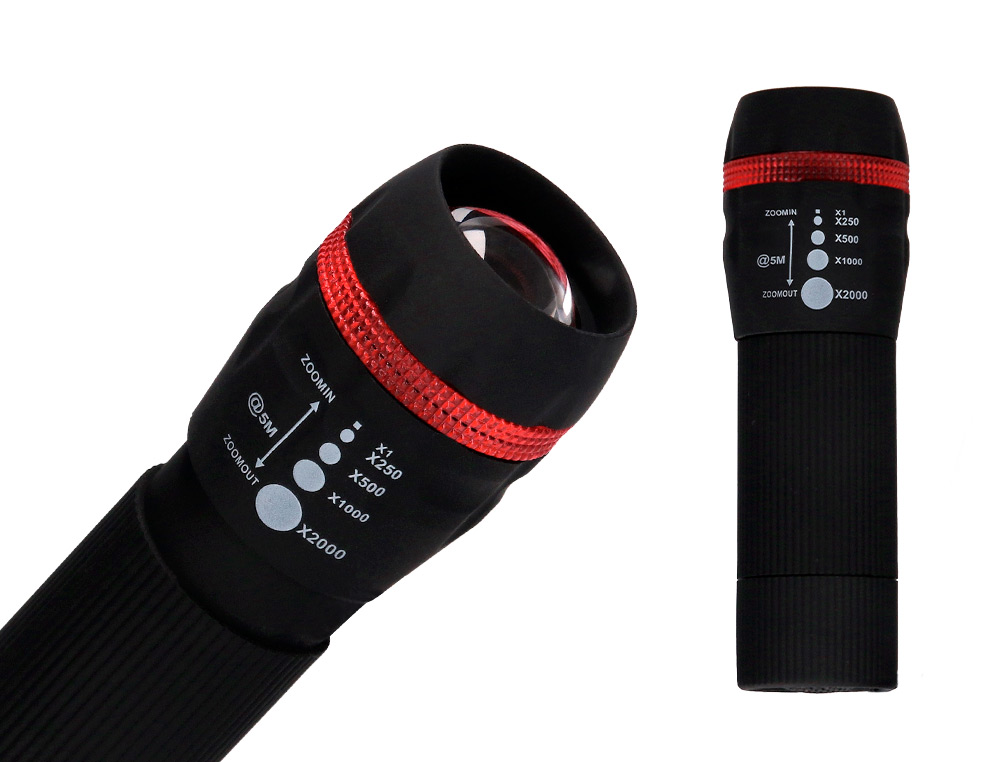 LAMPE TORCHE Q-CONNECT PLASTIQUE AVEC ZOOM 1 WATT MODE CLAIRAGE ON/OFF 3 PILES AAA FOURNIES COLORIS NOIR/ROUGE