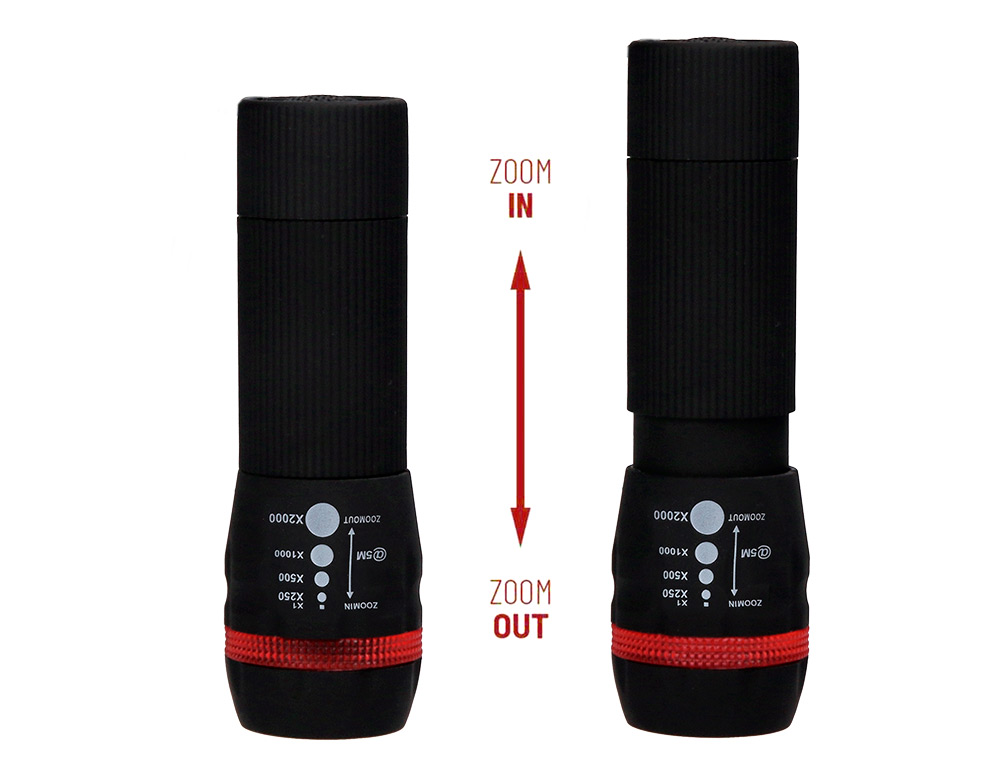 LAMPE TORCHE Q-CONNECT PLASTIQUE AVEC ZOOM 1 WATT MODE CLAIRAGE ON/OFF 3 PILES AAA FOURNIES COLORIS NOIR/ROUGE
