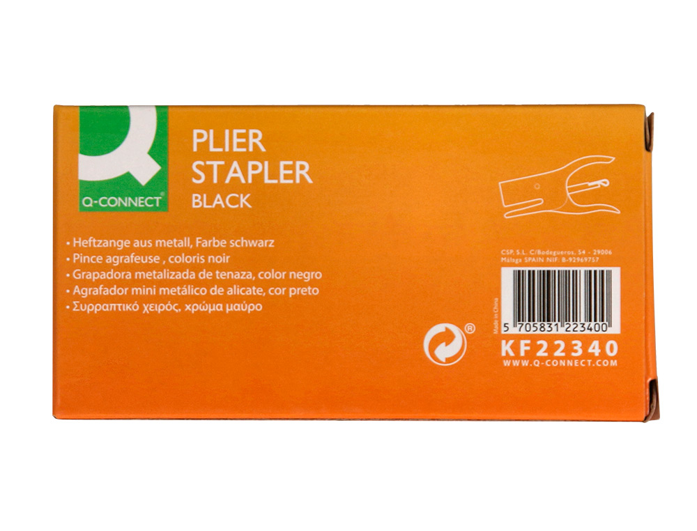 PINCE AGRAFEUSE Q-CONNECT MÉTAL AGRAFES N.10 RÉSISTANCE CAPACITÉ AGRAFAGE 12F COLORIS NOIR