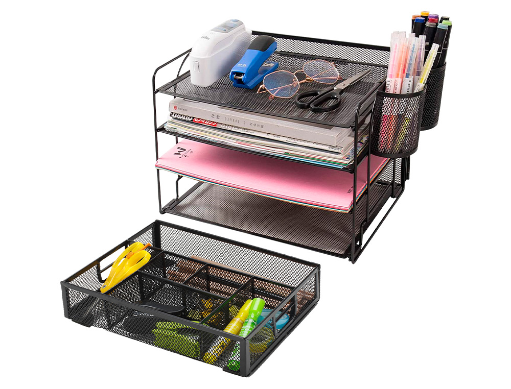 ORGANISEUR BUREAU Q-CONNECT MAILLE MÉTALLIQUE 6 COMPARTIMENTS 235X183X65MM COLORIS NOIR