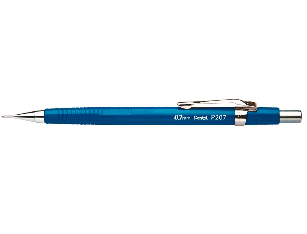 PORTE-MINE PENTEL P200 0.7MM EMBOUT ET AGRAFE MÉTALLIQUES CANON FIXE LONGUEUR 4 MM GOMME RECHARGEABLE CORPS BLEU