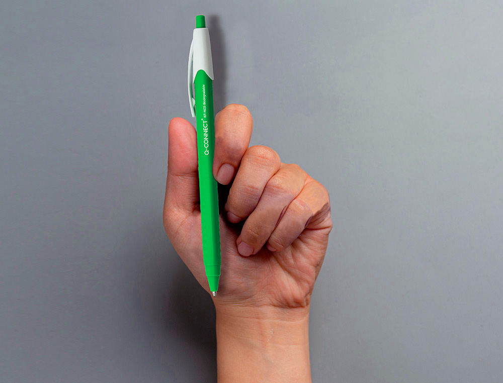 STYLO-BILLE Q-CONNECT BIODEGRADABLE VERT ÉCRITURE MOYENE 0.5MM ENCRE CLASSIQUE RÉTRACTABLE COULEUR BLEU