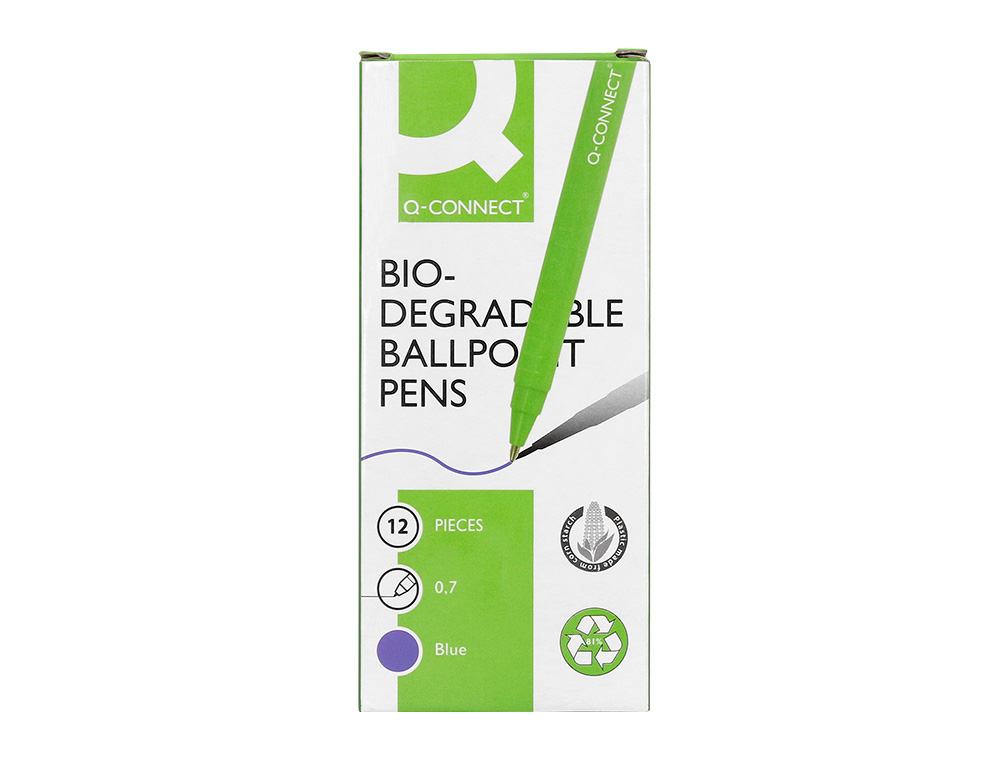 STYLO-BILLE Q-CONNECT BIODEGRADABLE VERT ÉCRITURE MOYENE 0.5MM ENCRE CLASSIQUE RÉTRACTABLE COULEUR BLEU