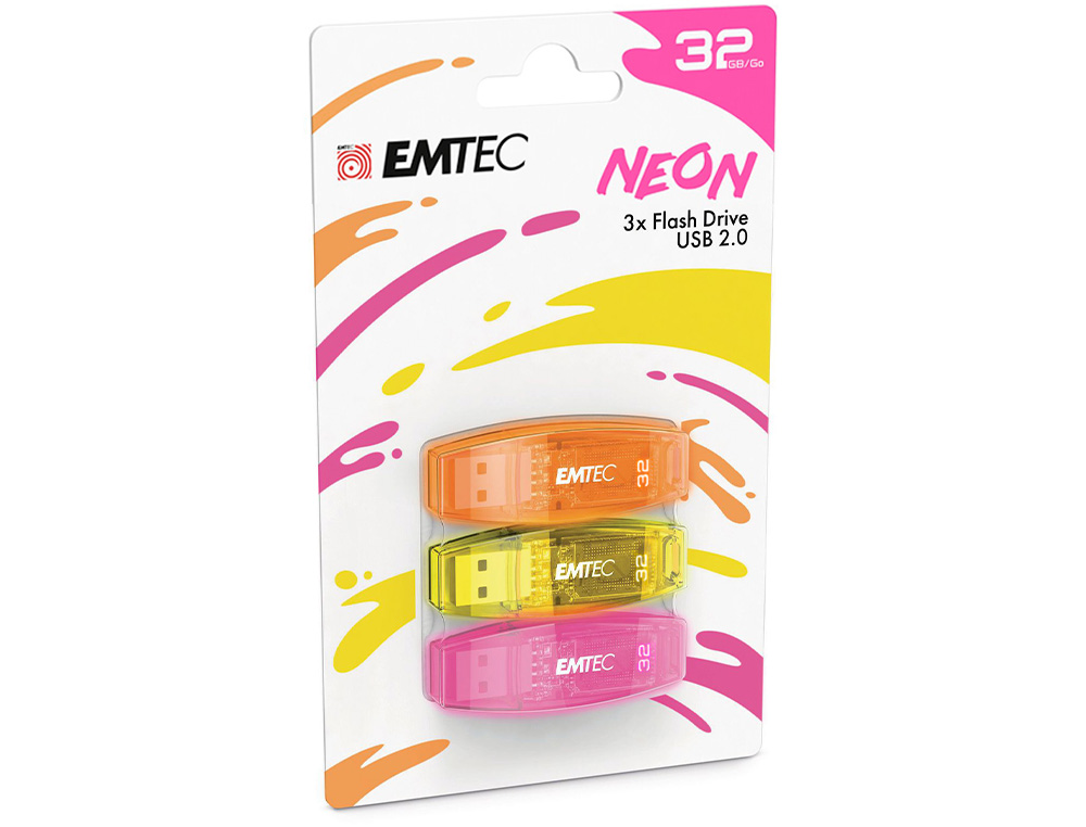 CLE USB EMTEC 2.0 C410 TRIO 32GB PACK 3 COLORIS NEON ORANGE JAUNE ROSE