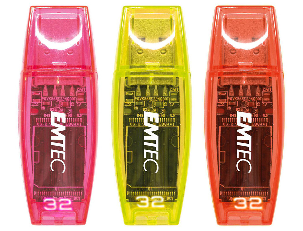 CLE USB EMTEC 2.0 C410 TRIO 32GB PACK 3 COLORIS NEON ORANGE JAUNE ROSE