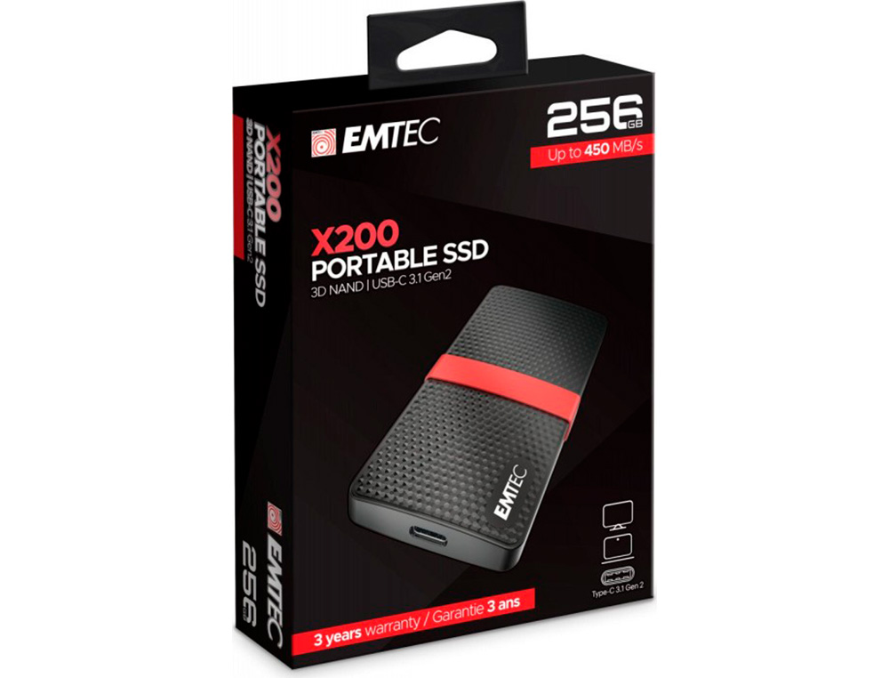 DISQUE DUR SSD PORTABLE EMTEC X200 POWER PLUS USB-C 3.1 GEN1 TRANSFERT HAUTE VITESSE GRANDE CAPACITE DE STOCKAGE 256GB