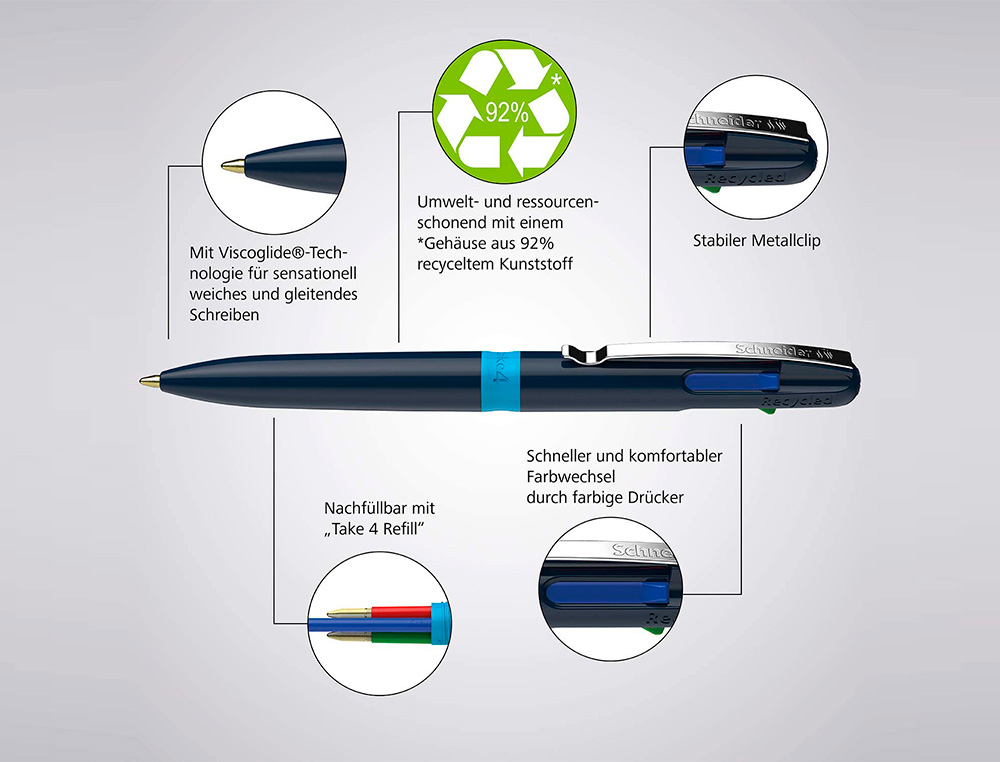 STYLO-BILLE 4 COULEURS SCHNEIDER TAKE 4 MEDIUM VISCOGLIDE RECHARGEABLE CLIP METAL CORPS PLASTIQUE RECYCLE