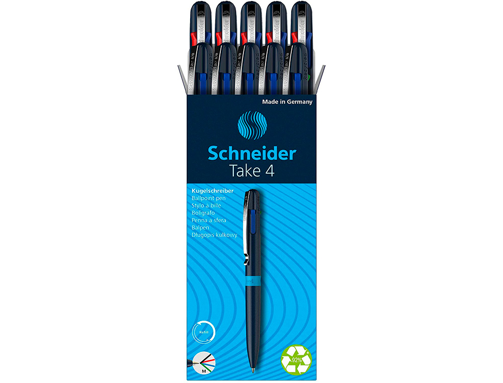 STYLO-BILLE 4 COULEURS SCHNEIDER TAKE 4 MEDIUM VISCOGLIDE RECHARGEABLE CLIP METAL CORPS PLASTIQUE RECYCLE