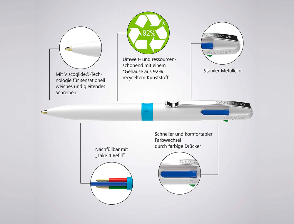 STYLO-BILLE 4 COULEURS SCHNEIDER TAKE 4 MEDIUM       VISCOGLIDE RECHARGEABLE CLIP  METAL CORPS PLASTIQUE RECYCLE
