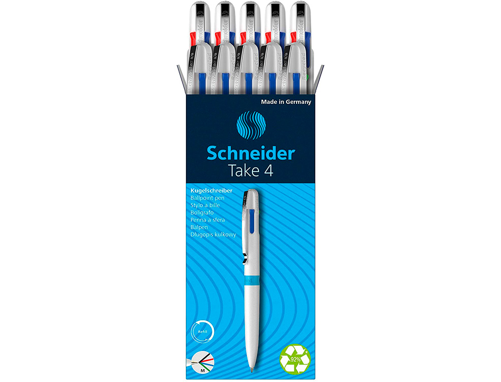STYLO-BILLE 4 COULEURS SCHNEIDER TAKE 4 MEDIUM       VISCOGLIDE RECHARGEABLE CLIP  METAL CORPS PLASTIQUE RECYCLE