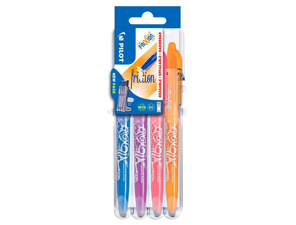 PORTE-STYLOS ET 4 STYLOS-BILLE PILOT FRIXION BALL CLICKER SET2GO POINTE MOYENNE 0.7MM ORANGE/TURQUOISE/MAUVE/CORAIL
