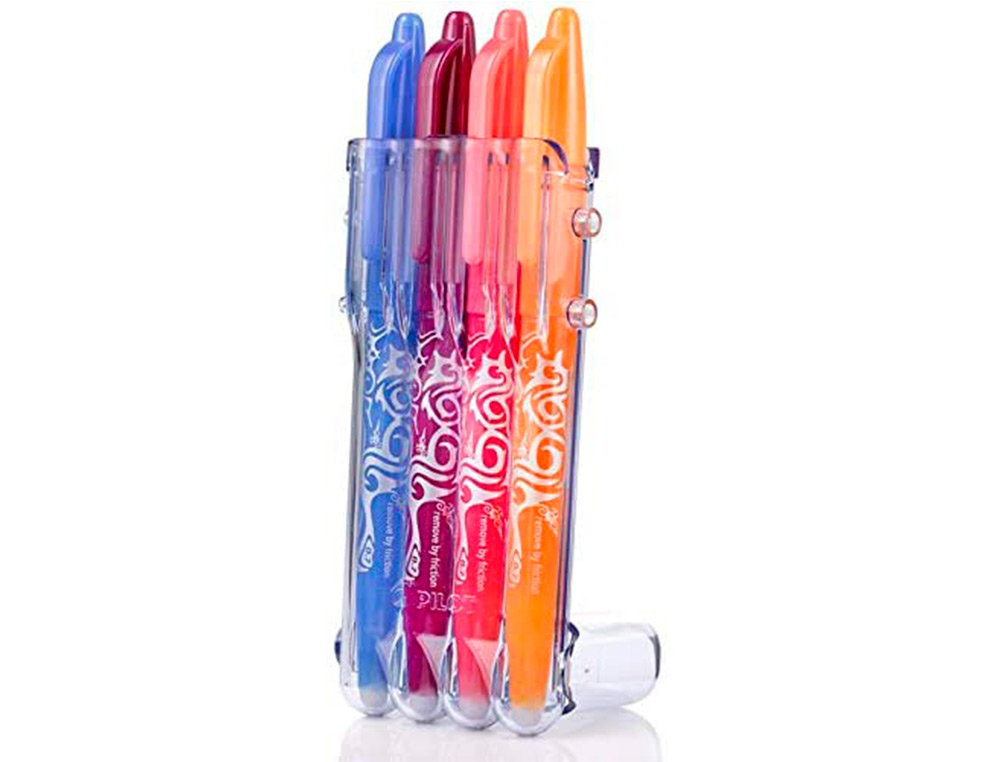 PORTE-STYLOS ET 4 STYLOS-BILLE PILOT FRIXION BALL CLICKER SET2GO POINTE MOYENNE 0.7MM ORANGE/TURQUOISE/MAUVE/CORAIL