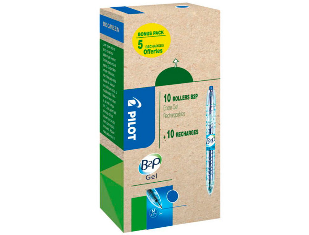 PACK PILOT BEGREEN B2P 10 ROLLERS ENCRE GEL POINTE MOYENNE + 10 RECHARGES DONT 5 OFFERTES BLEU
