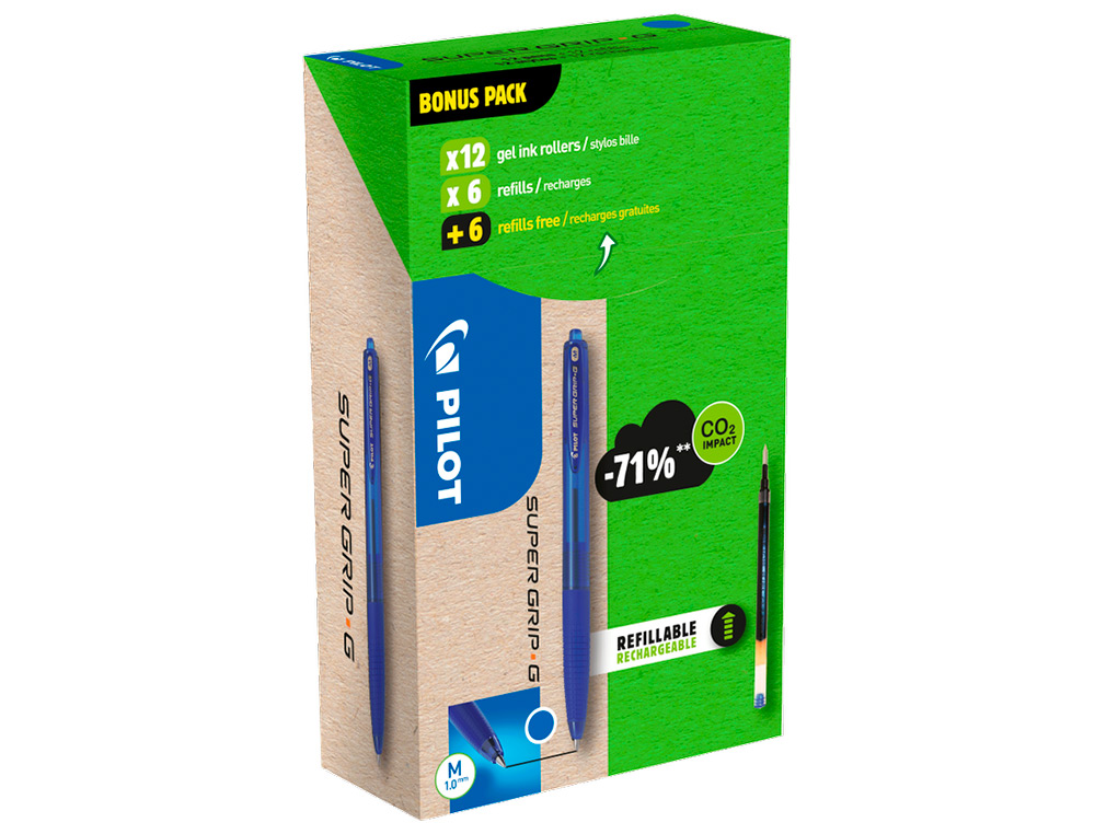 PACK PILOT SUPERGRIP G RT 12 STYLOS-BILLE POINTE MOYENNE   12 RECHARGES DONT 6 OFFERTES  COLORIS BLEU