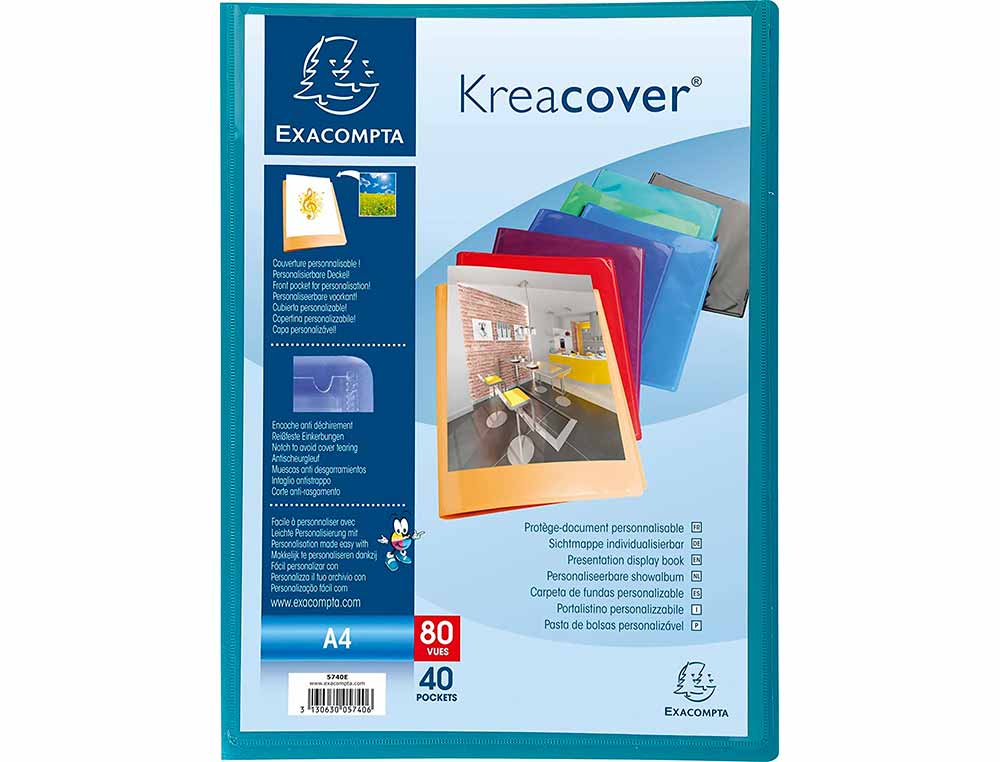 PROTEGE-DOCUMENTS PERSONNALISABLE EXACOMPTA KREACOVER POLYPROPYLENE 5/10E 80 VUES COLORIS ASSORTIS OPAQUES