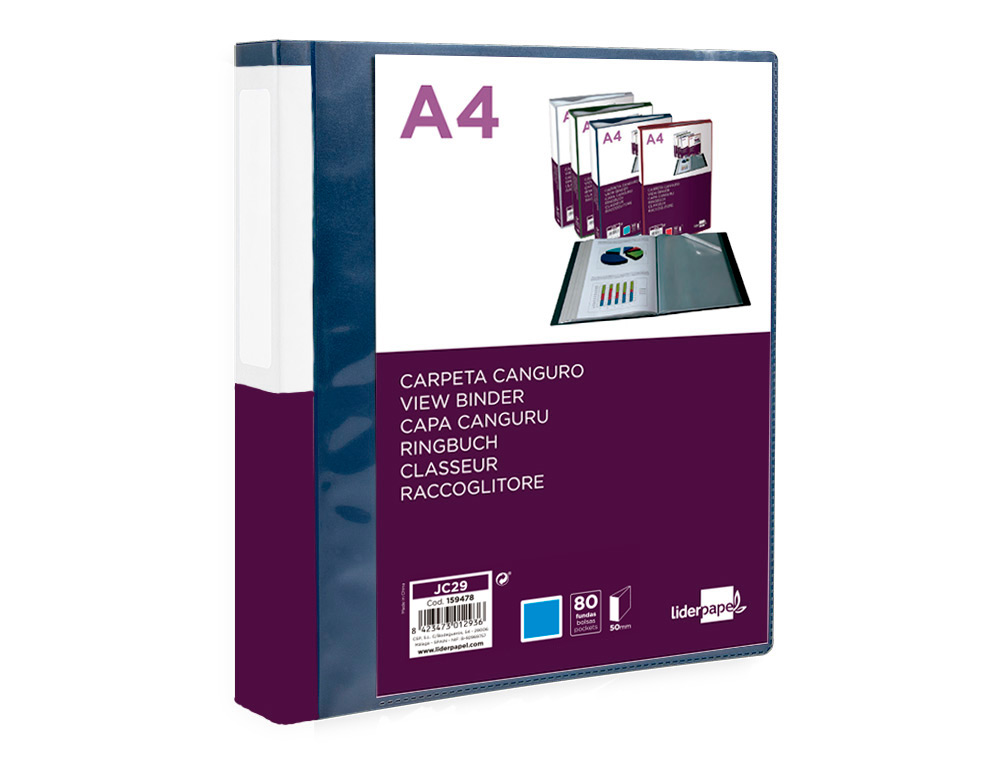 PROTEGE-DOCUMENTS LIDERPAPEL PERSONNALISABLE KANGOUROU POLYPROPYLENE 80 POCHETTES FIXES A4 COLORIS BLEU TRANSLUCIDE