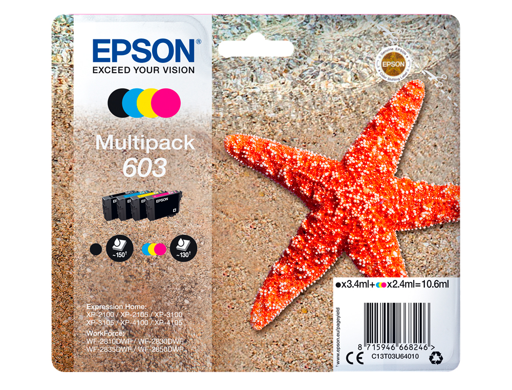 CARTOUCHE ENCRE EPSON  603 XP-2100 / 3100 / 4100 /       WF-2810 / 2830 / 2835 / 2850  PACK COULEUR NOIR JAUNE CYAN