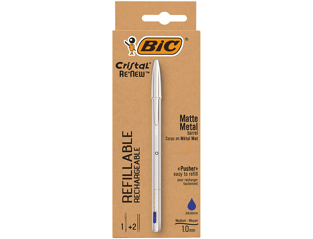 STYLO-BILLE BIC CRYSTAL RENEW CORPS METAL ARGENT CAPUCHON POINTE MOYENNE 1MM RECHARGEABLE + 2 RECHARGES BLEU