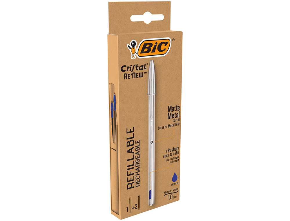 STYLO-BILLE BIC CRYSTAL RENEW CORPS METAL ARGENT CAPUCHON POINTE MOYENNE 1MM RECHARGEABLE + 2 RECHARGES BLEU