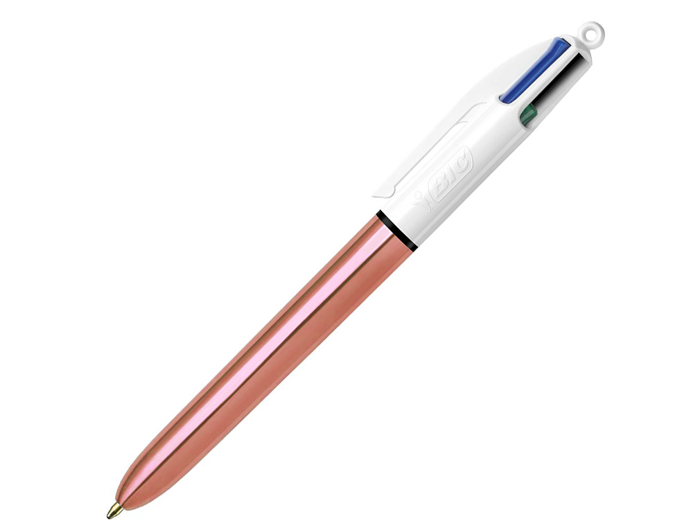STYLO-BILLE BIC 4 COULEURS SHINE RETRACTABLE RECHARGEABLE POINTE MOYENNE 1MM CORPS BLANC/OR ROSE