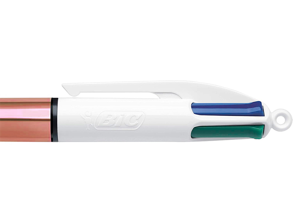 STYLO-BILLE BIC 4 COULEURS SHINE RETRACTABLE RECHARGEABLE POINTE MOYENNE 1MM CORPS BLANC/OR ROSE