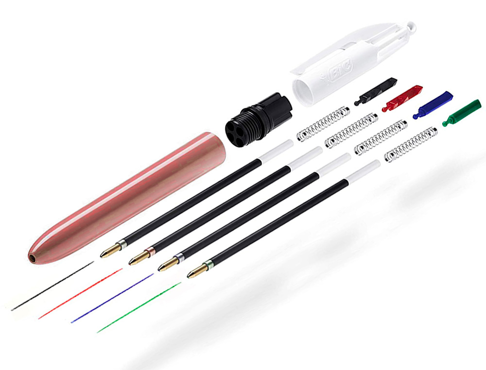 STYLO-BILLE BIC 4 COULEURS SHINE RETRACTABLE RECHARGEABLE POINTE MOYENNE 1MM CORPS BLANC/OR ROSE