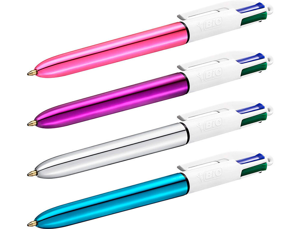 STYLO-BILLE BIC 4 COULEURS SHINE RETRACTABLE RECHARGEABLE POINTE MOYENNE 1MM CORPS BLANC/OR ROSE