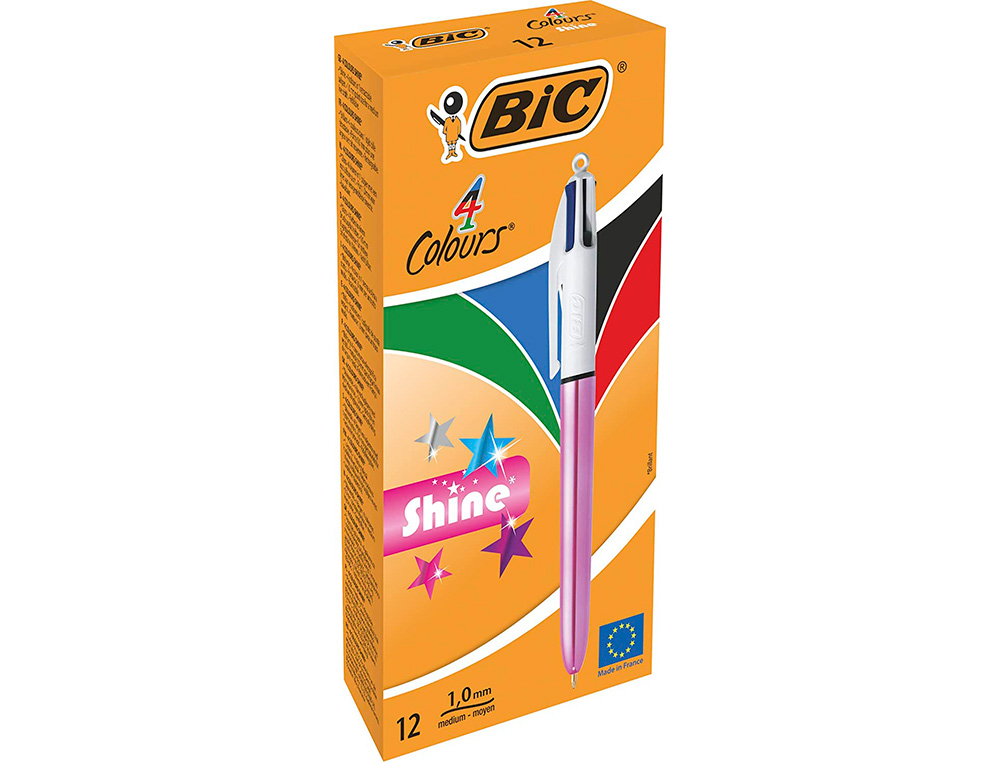 STYLO-BILLE BIC 4 COULEURS SHINE RETRACTABLE RECHARGEABLE POINTE MOYENNE 1MM CORPS BLANC/OR ROSE