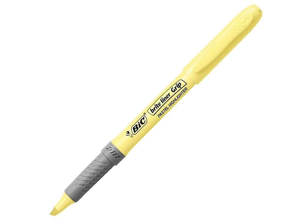 SURLIGNEUR BIC HIGHLIGHTER GRIP CAOUTCHOUC POINTE MOYENNE BISEAUTEE COLORIS JAUNE PASTEL