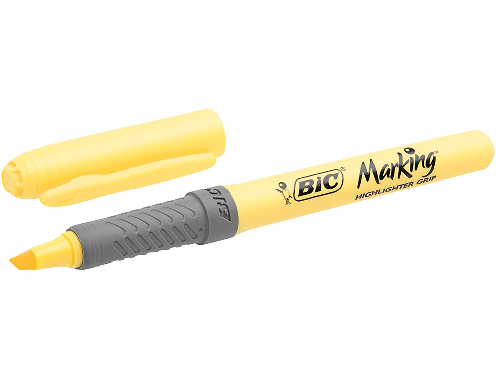 SURLIGNEUR BIC HIGHLIGHTER GRIP CAOUTCHOUC POINTE MOYENNE BISEAUTEE COLORIS JAUNE PASTEL