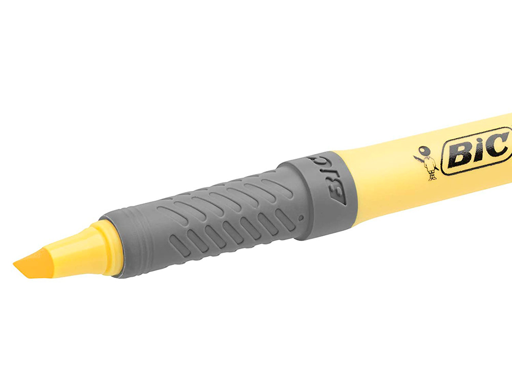 SURLIGNEUR BIC HIGHLIGHTER GRIP CAOUTCHOUC POINTE MOYENNE BISEAUTEE COLORIS JAUNE PASTEL