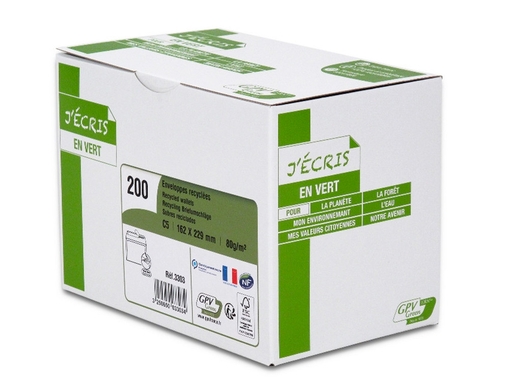 ENVELOPPE GPV C5 BANDE DE PROTECTION 80G RECYCLES 162X229 BLANCHE BOITE DE 200