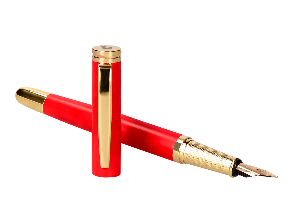 STYLO-PLUME ET ETUI EN SIMILI CUIR BELIUS PASSION ALUMINIUM BROSSE ATTRIBUTS OR ENCRE BLEUE COLORIS ROUGE COFFRET CADEAU