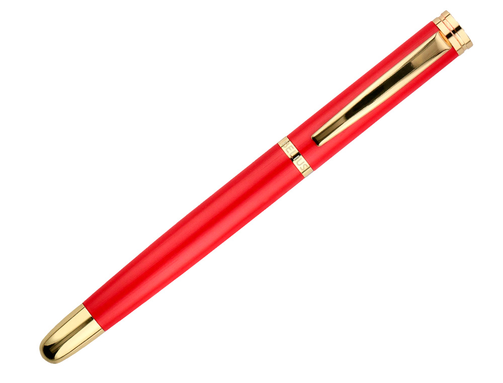 STYLO-PLUME ET ETUI EN SIMILI CUIR BELIUS PASSION ALUMINIUM BROSSE ATTRIBUTS OR ENCRE BLEUE COLORIS ROUGE COFFRET CADEAU