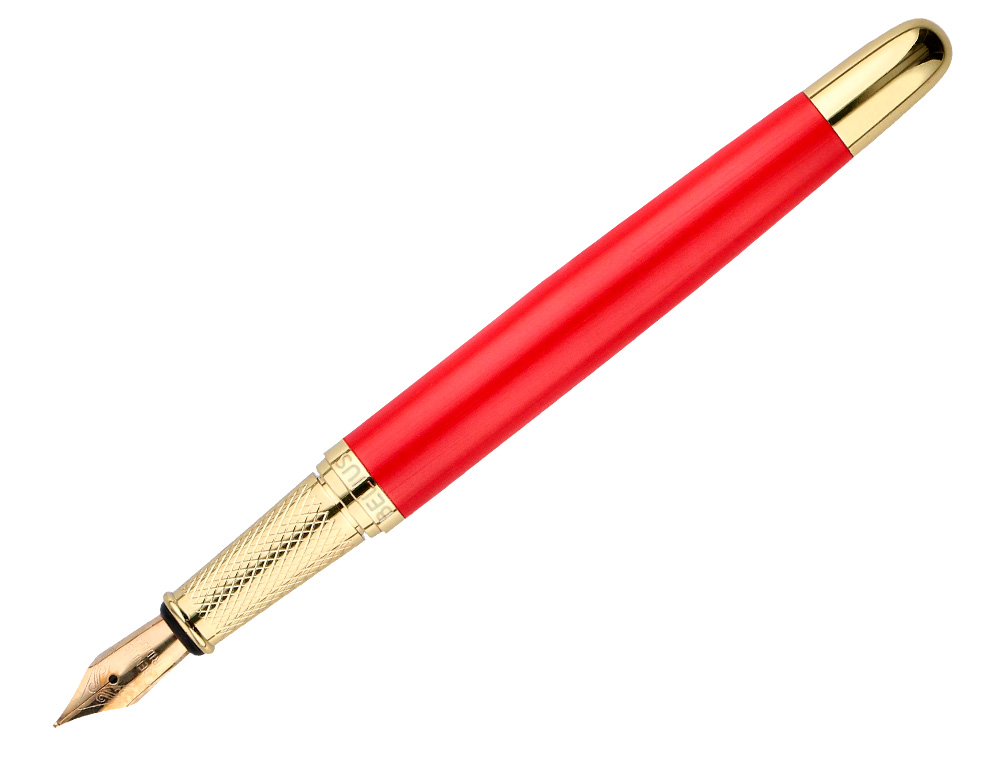 STYLO-PLUME ET ETUI EN SIMILI CUIR BELIUS PASSION ALUMINIUM BROSSE ATTRIBUTS OR ENCRE BLEUE COLORIS ROUGE COFFRET CADEAU