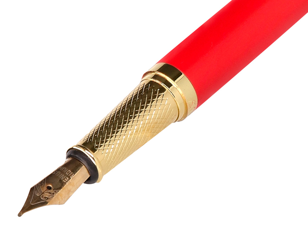 STYLO-PLUME ET ETUI EN SIMILI CUIR BELIUS PASSION ALUMINIUM BROSSE ATTRIBUTS OR ENCRE BLEUE COLORIS ROUGE COFFRET CADEAU