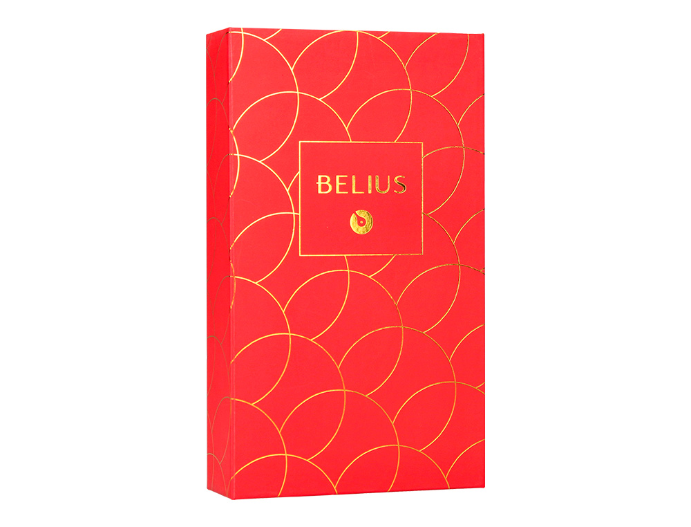 STYLO-PLUME ET ETUI EN SIMILI CUIR BELIUS PASSION ALUMINIUM BROSSE ATTRIBUTS OR ENCRE BLEUE COLORIS ROUGE COFFRET CADEAU