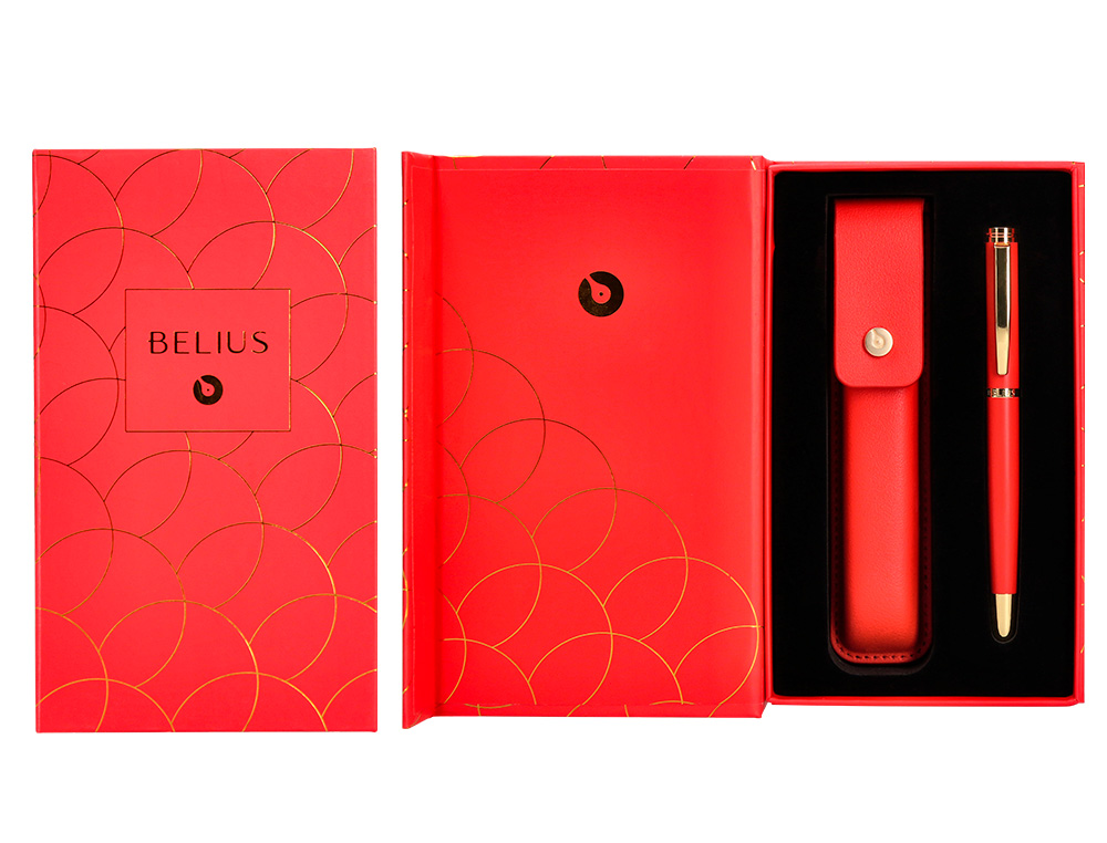 STYLO-PLUME ET ETUI EN SIMILI CUIR BELIUS PASSION ALUMINIUM BROSSE ATTRIBUTS OR ENCRE BLEUE COLORIS ROUGE COFFRET CADEAU