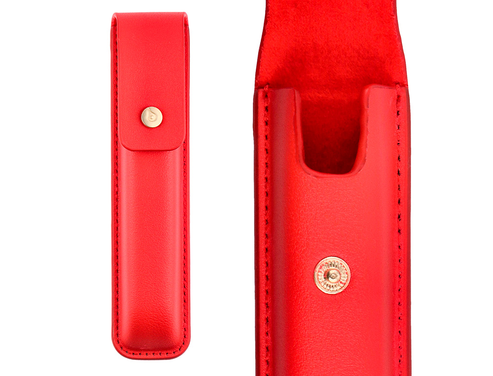 STYLO-PLUME ET ETUI EN SIMILI CUIR BELIUS PASSION ALUMINIUM BROSSE ATTRIBUTS OR ENCRE BLEUE COLORIS ROUGE COFFRET CADEAU