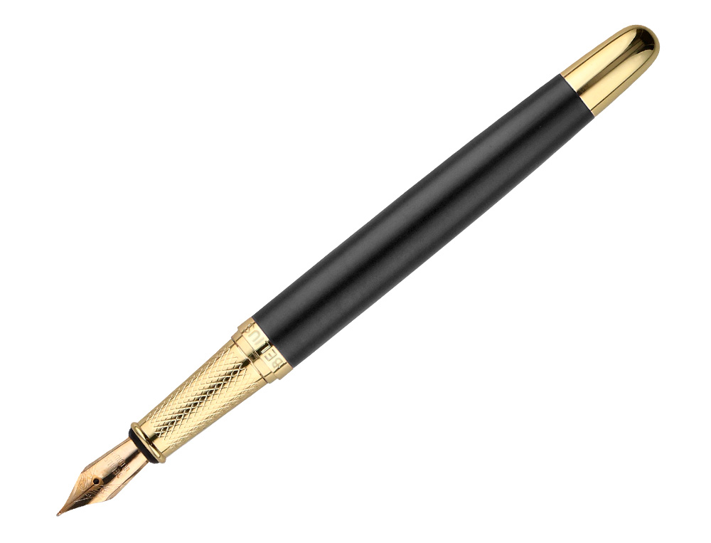 STYLO-PLUME BELIUS SOIREE ALUMINIUM DETAILS ET ATTRIBUTS OR ENCRE BLEUE COLORIS NOIR DANS COFFRET CADEAU