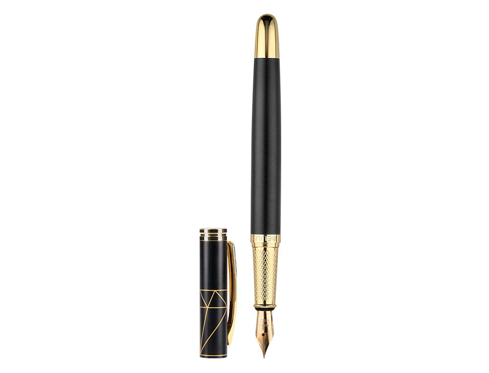STYLO-PLUME BELIUS SOIREE ALUMINIUM DETAILS ET ATTRIBUTS OR ENCRE BLEUE COLORIS NOIR DANS COFFRET CADEAU
