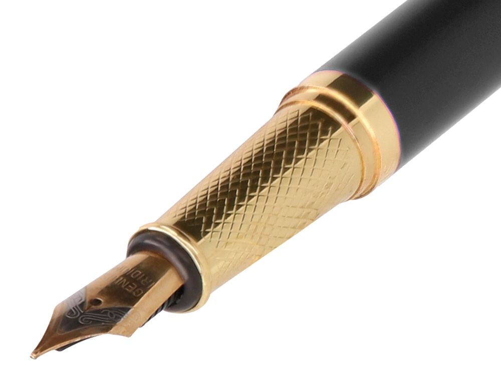 STYLO-PLUME BELIUS SOIREE ALUMINIUM DETAILS ET ATTRIBUTS OR ENCRE BLEUE COLORIS NOIR DANS COFFRET CADEAU